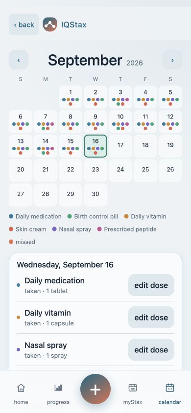 IQSTAX calendar with a monthly view and selected day
