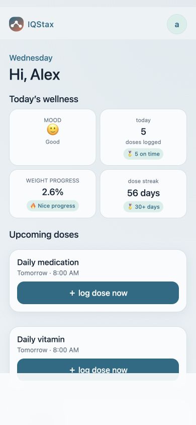 IQSTAX home screen showing wellness tracking with fictional sample data