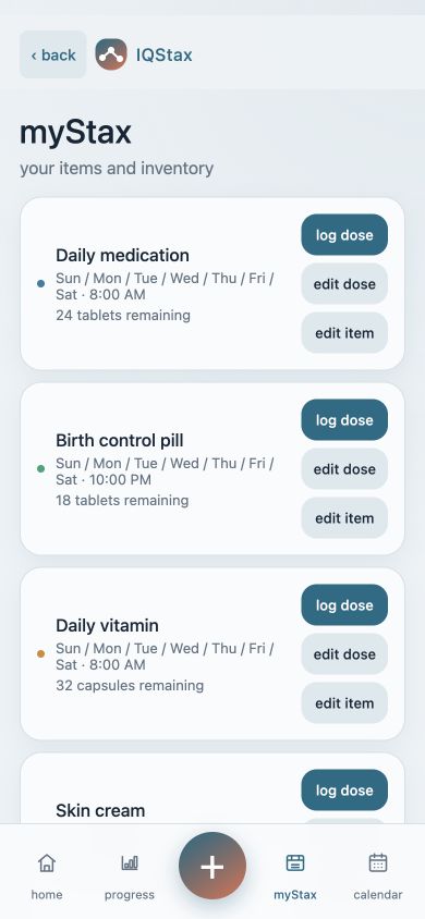 IQSTAX myStax list showing fictional medication, birth control, vitamin and skin cream entries
